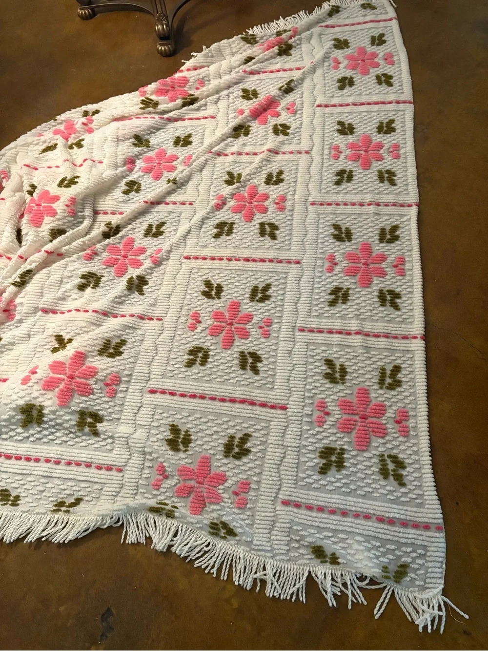 White Chenille Throw Blanket with Pink Floral Pattern